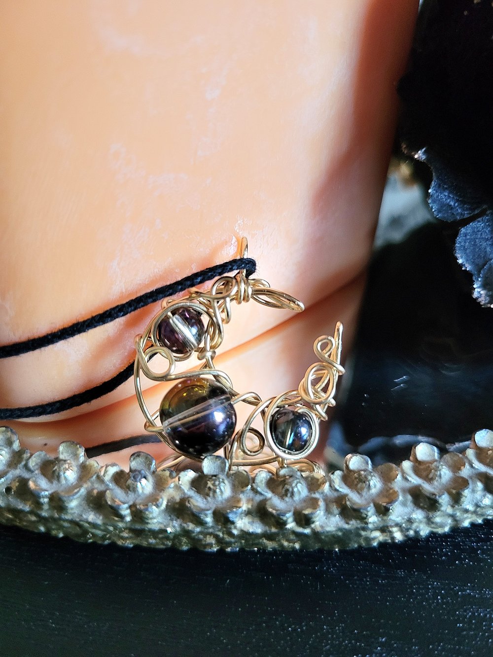 Image of Black Beaded Crescent Moon Pendant in Gold Wire