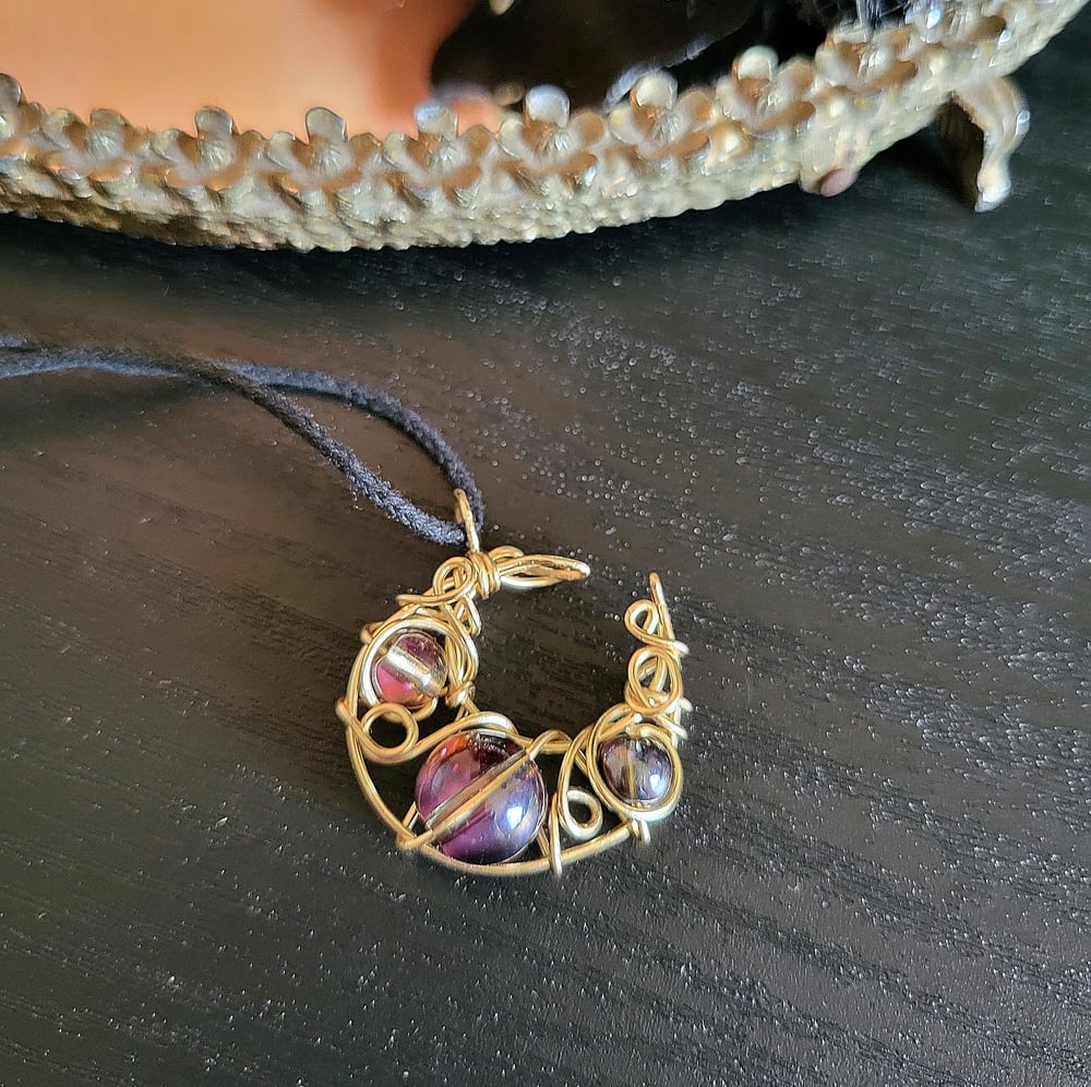 Image of Black Beaded Crescent Moon Pendant in Gold Wire