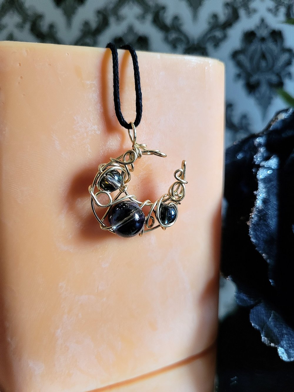 Image of Black Beaded Crescent Moon Pendant in Gold Wire