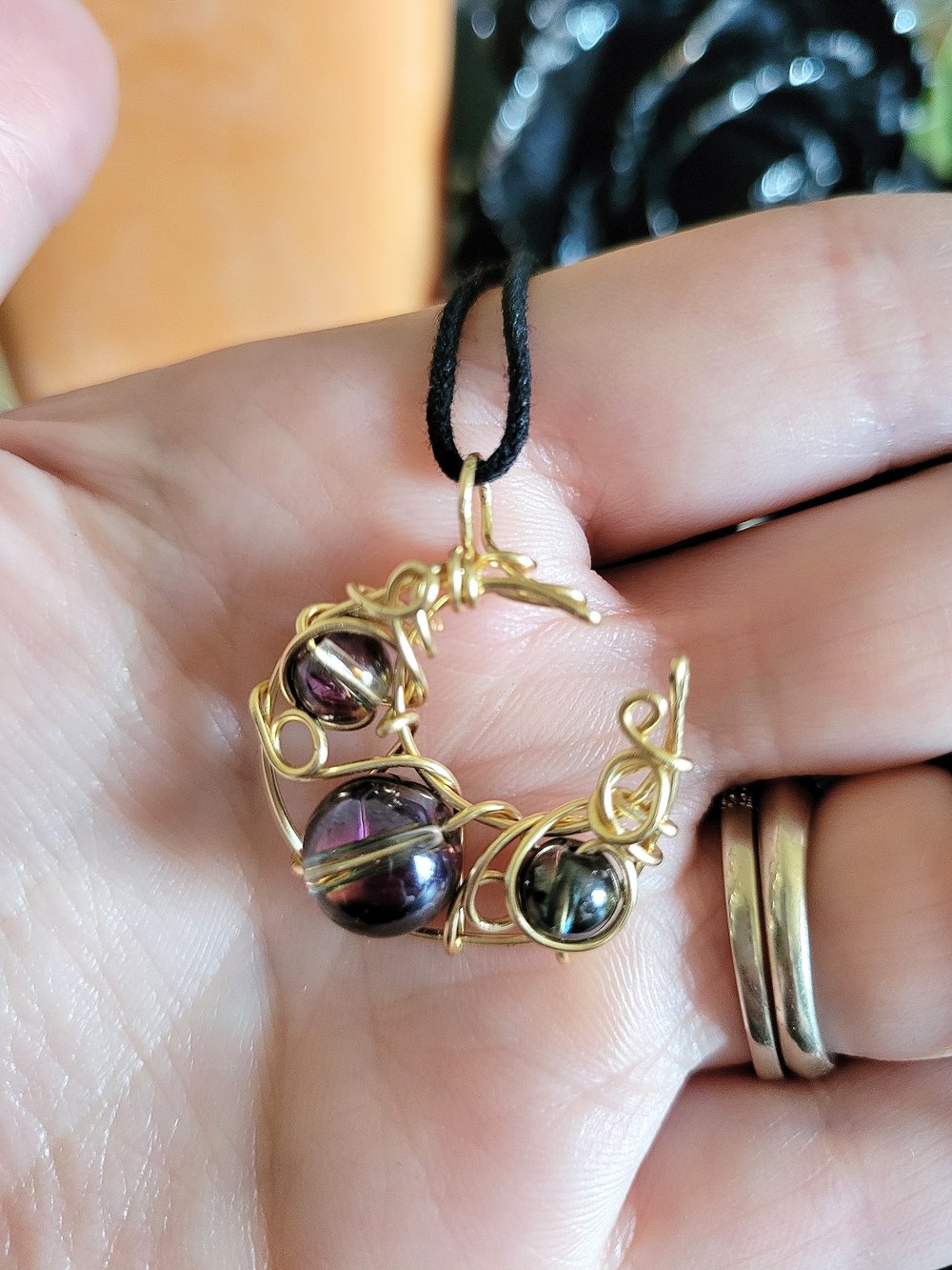 Image of Black Beaded Crescent Moon Pendant in Gold Wire