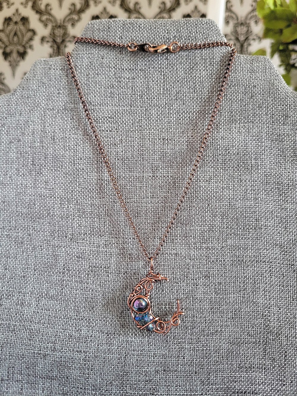 Image of Small Blue Beaded Moon Pendant Necklace