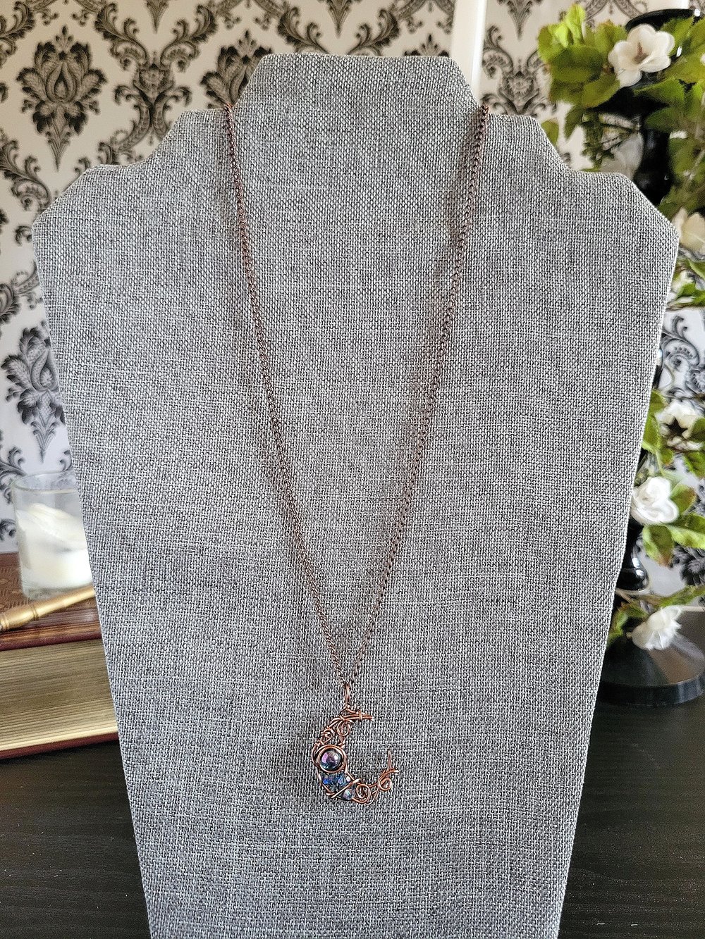 Image of Small Blue Beaded Moon Pendant Necklace