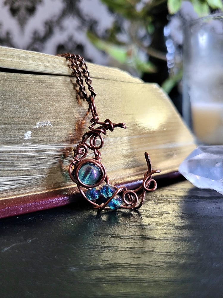 Image of Small Blue Beaded Moon Pendant Necklace