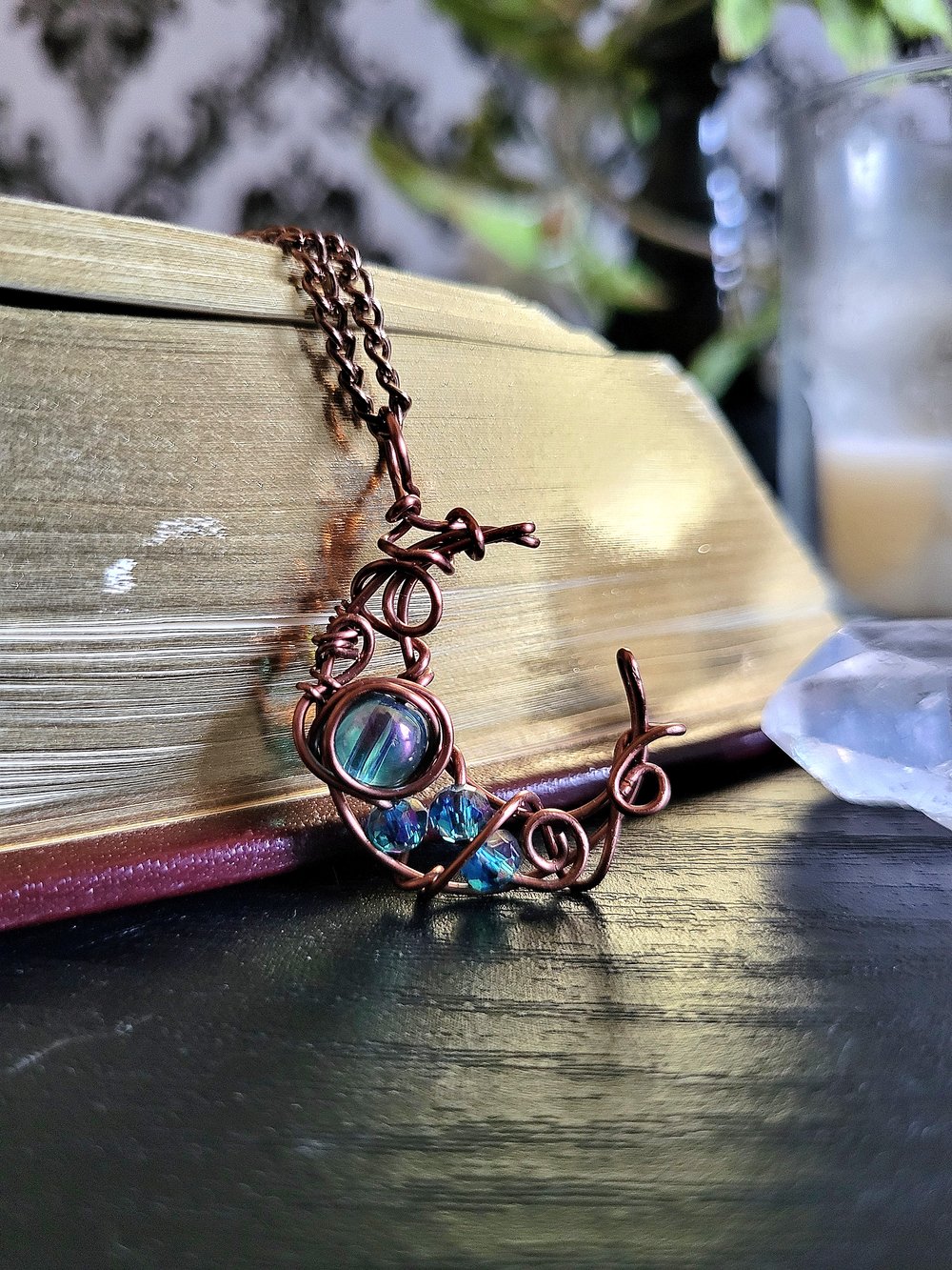 Image of Small Blue Beaded Moon Pendant Necklace