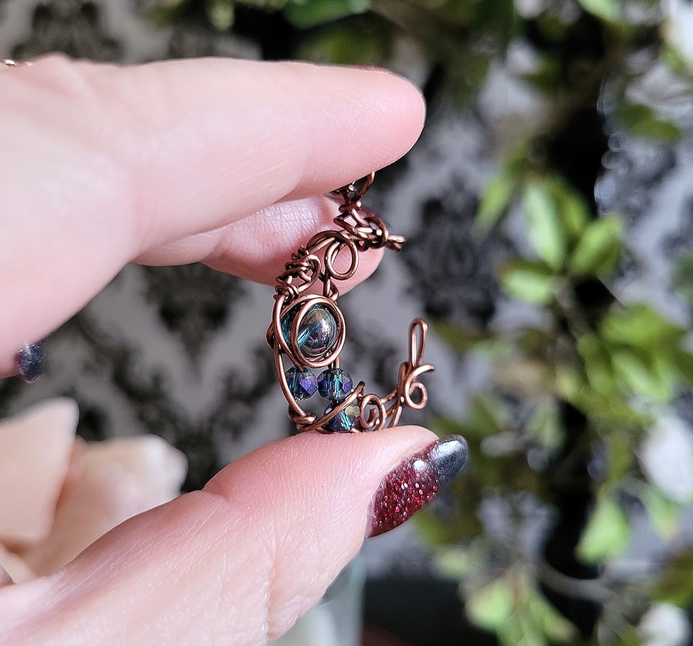 Image of Small Blue Beaded Moon Pendant Necklace