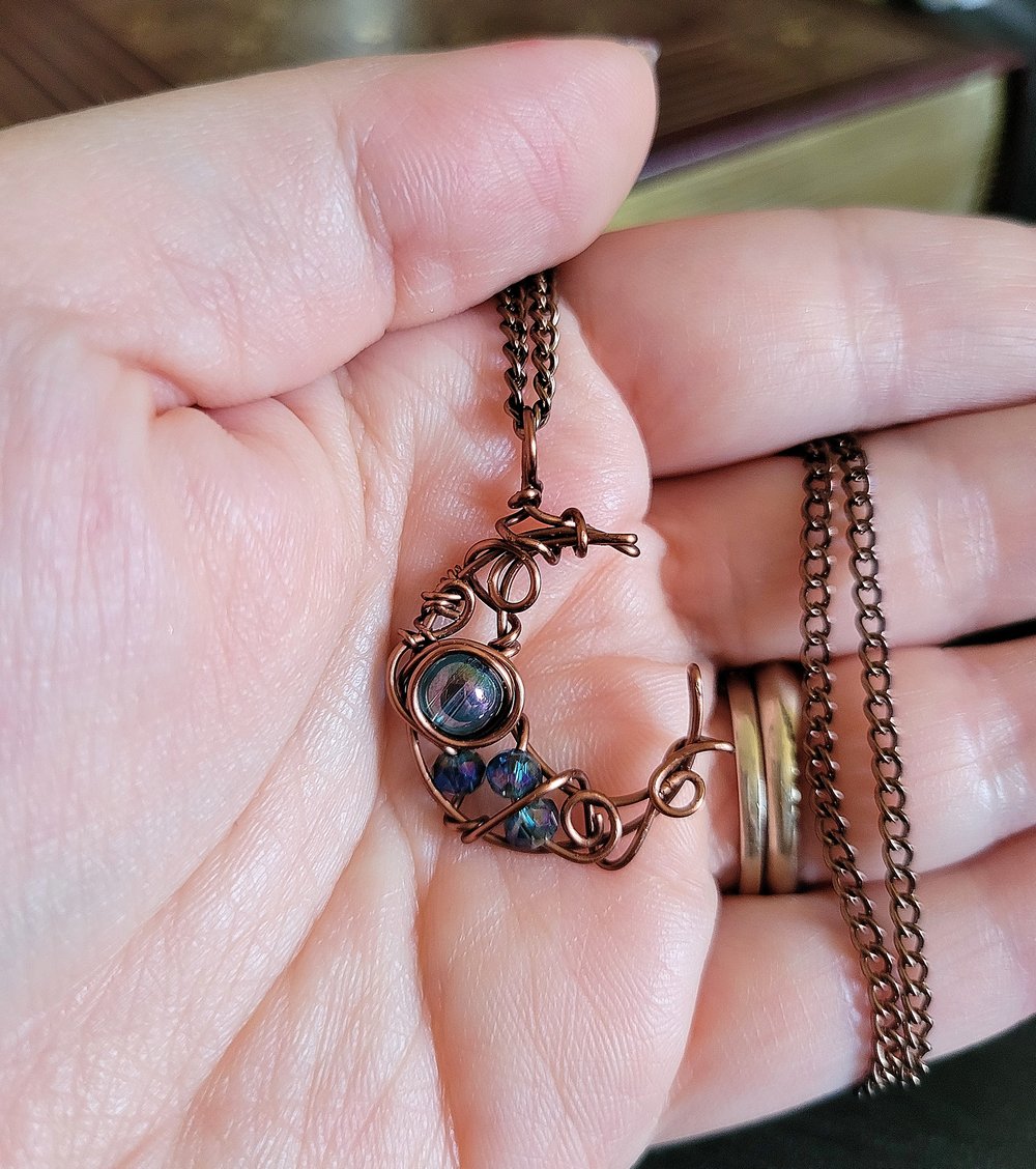 Image of Small Blue Beaded Moon Pendant Necklace