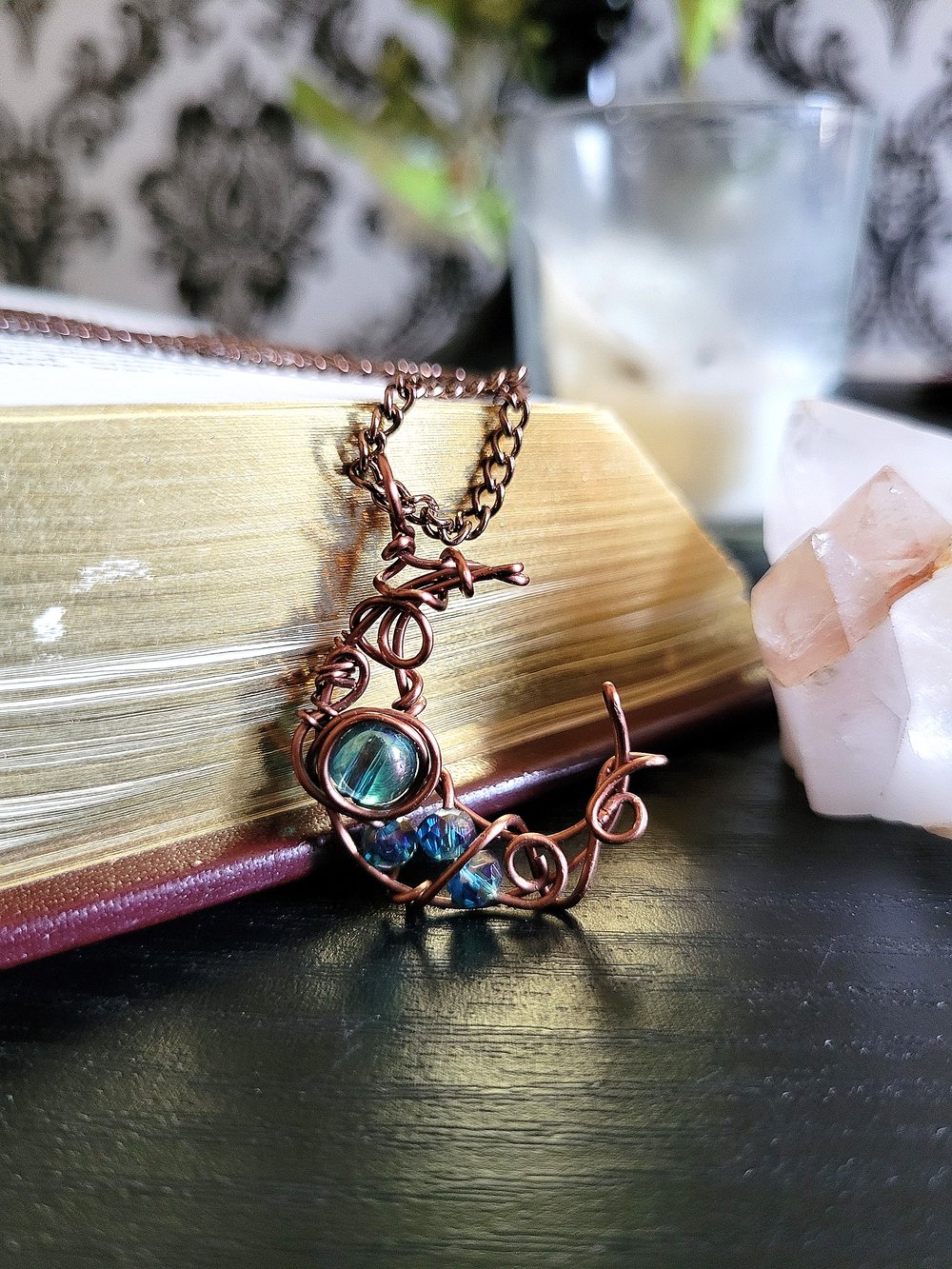 Image of Small Blue Beaded Moon Pendant Necklace