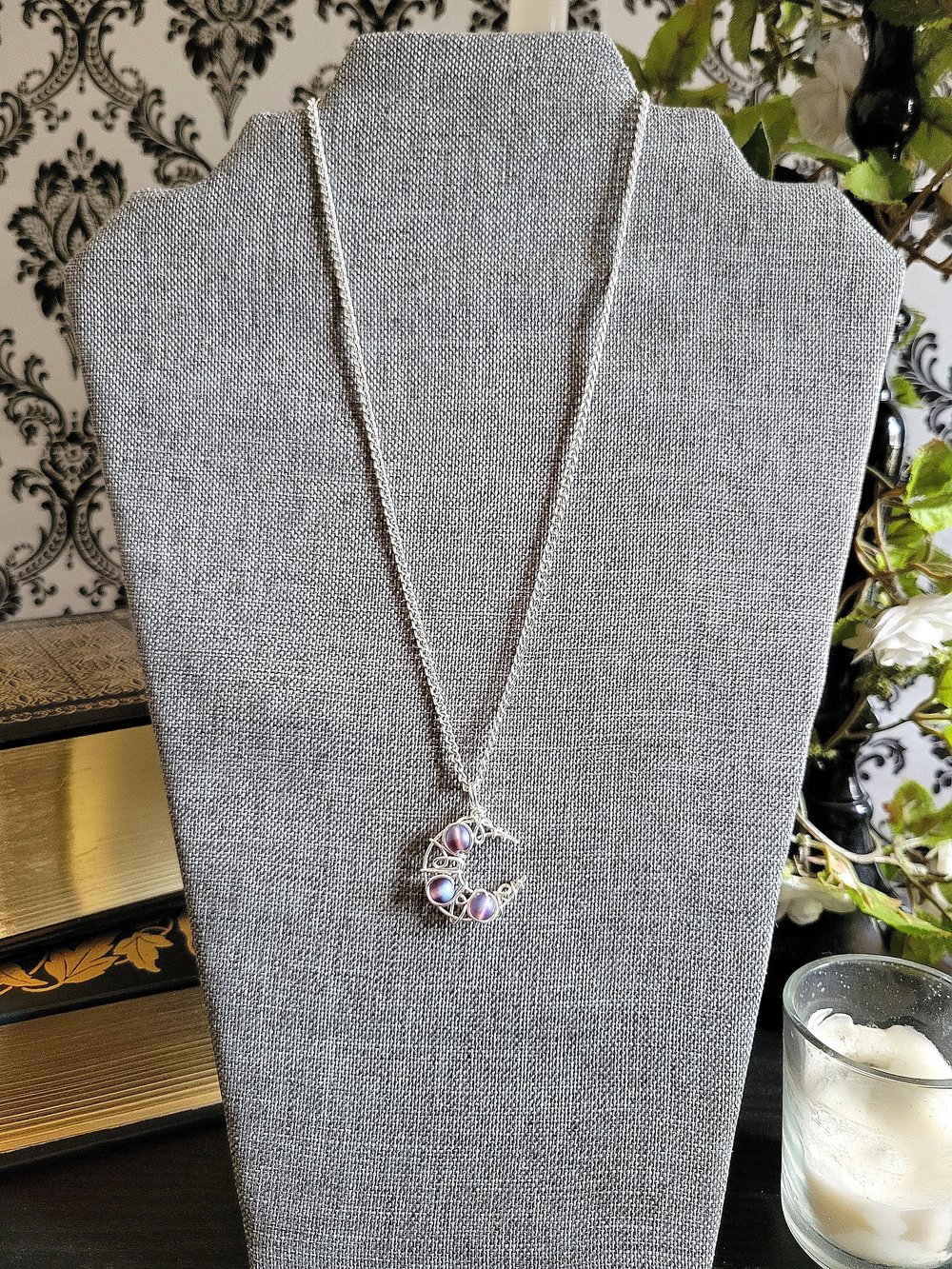 Image of Matte Purple Beaded Crescent Moon Pendant with Chain