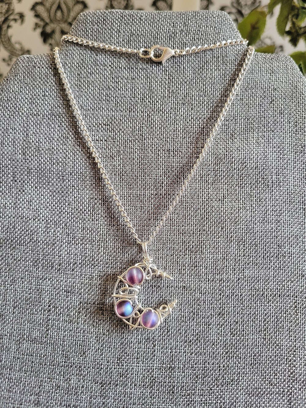 Image of Matte Purple Beaded Crescent Moon Pendant with Chain