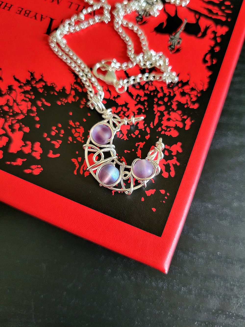 Image of Matte Purple Beaded Crescent Moon Pendant with Chain