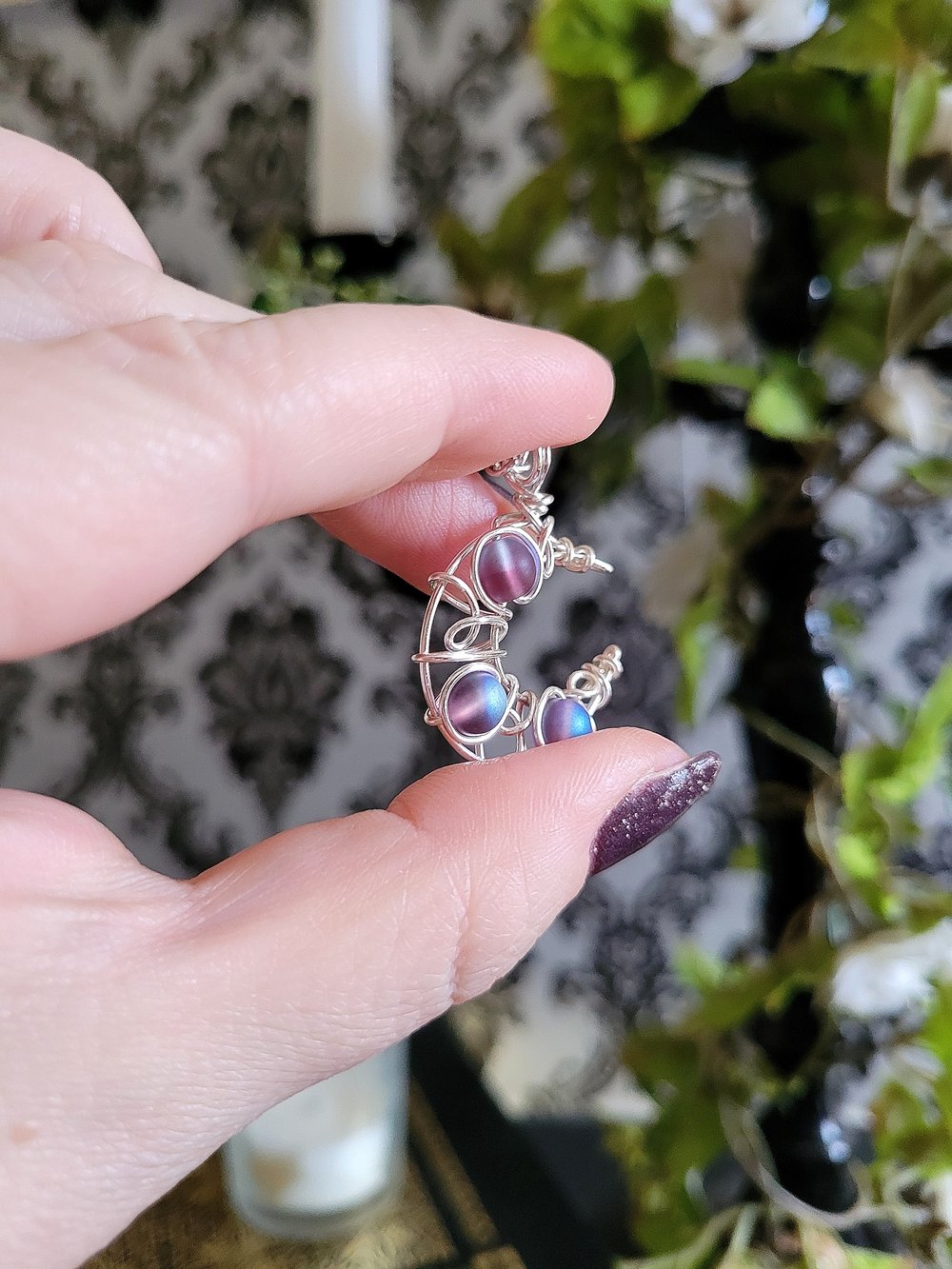 Image of Matte Purple Beaded Crescent Moon Pendant with Chain