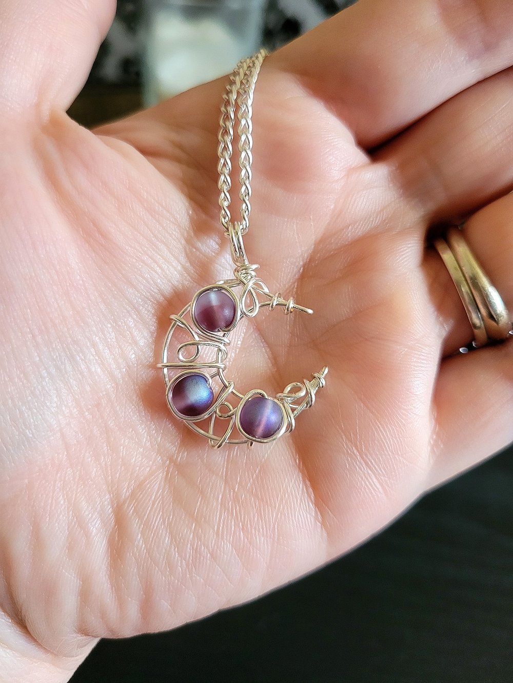 Image of Matte Purple Beaded Crescent Moon Pendant with Chain