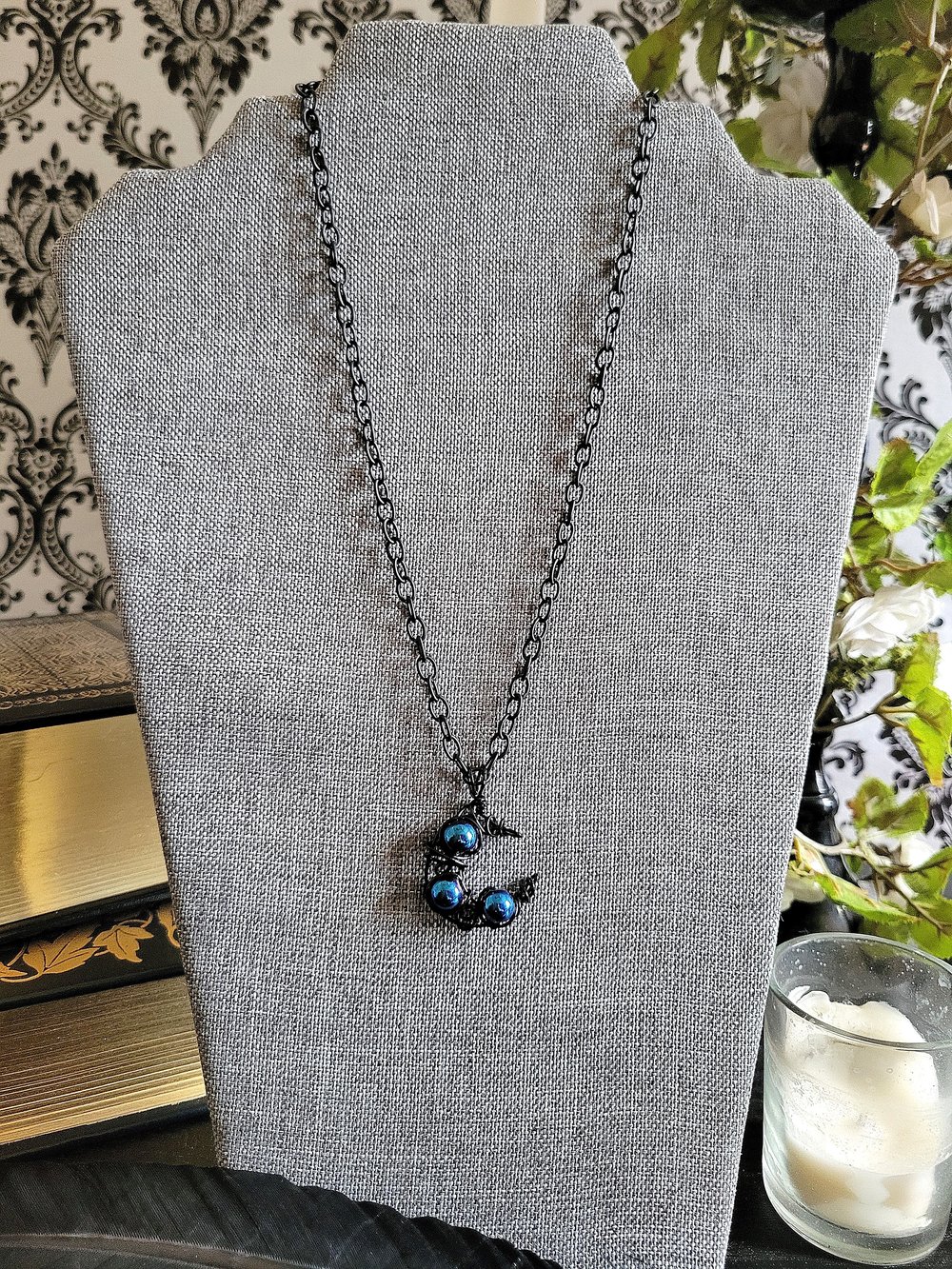 Image of Blue Beaded Black Crescent Moon Wire Pendant with Chain
