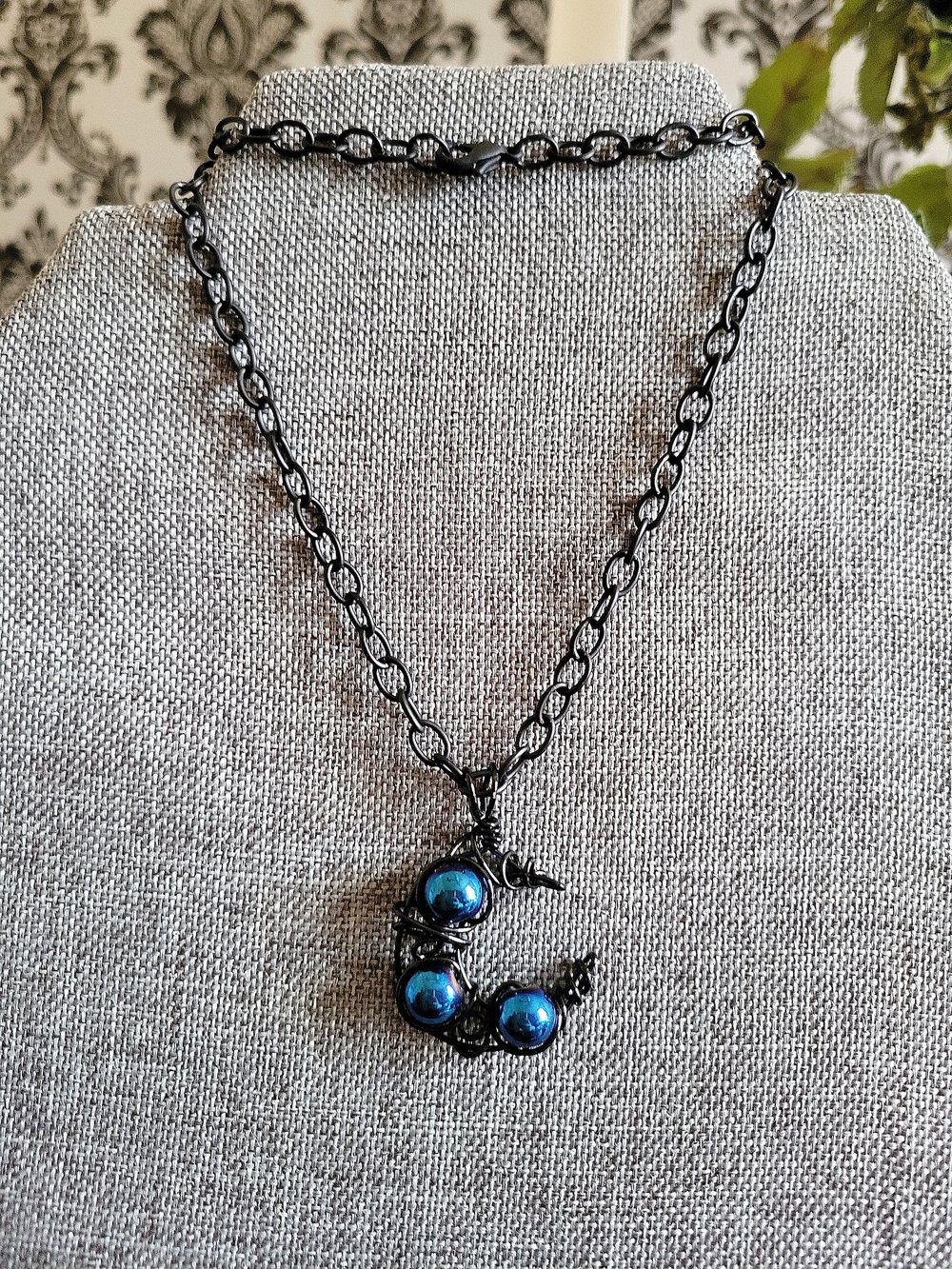 Image of Blue Beaded Black Crescent Moon Wire Pendant with Chain