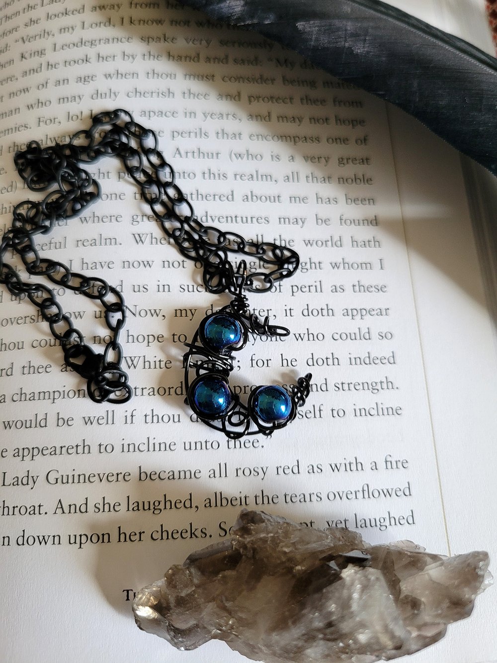 Image of Blue Beaded Black Crescent Moon Wire Pendant with Chain
