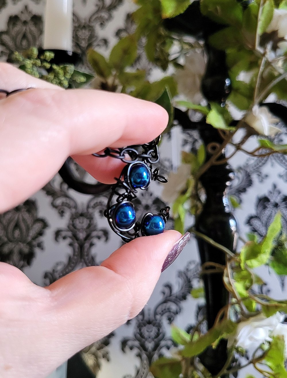 Image of Blue Beaded Black Crescent Moon Wire Pendant with Chain