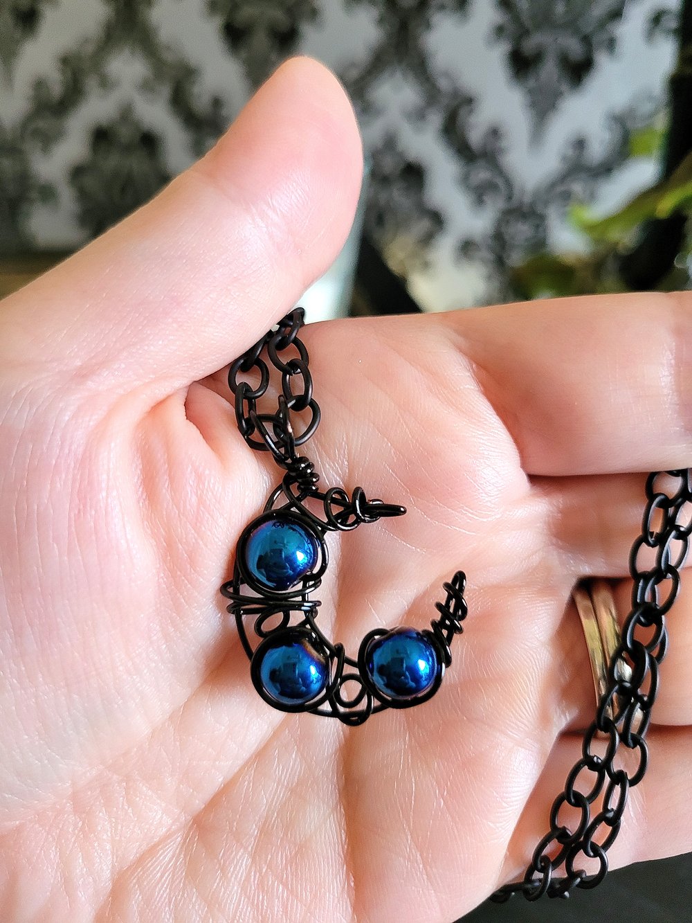 Image of Blue Beaded Black Crescent Moon Wire Pendant with Chain