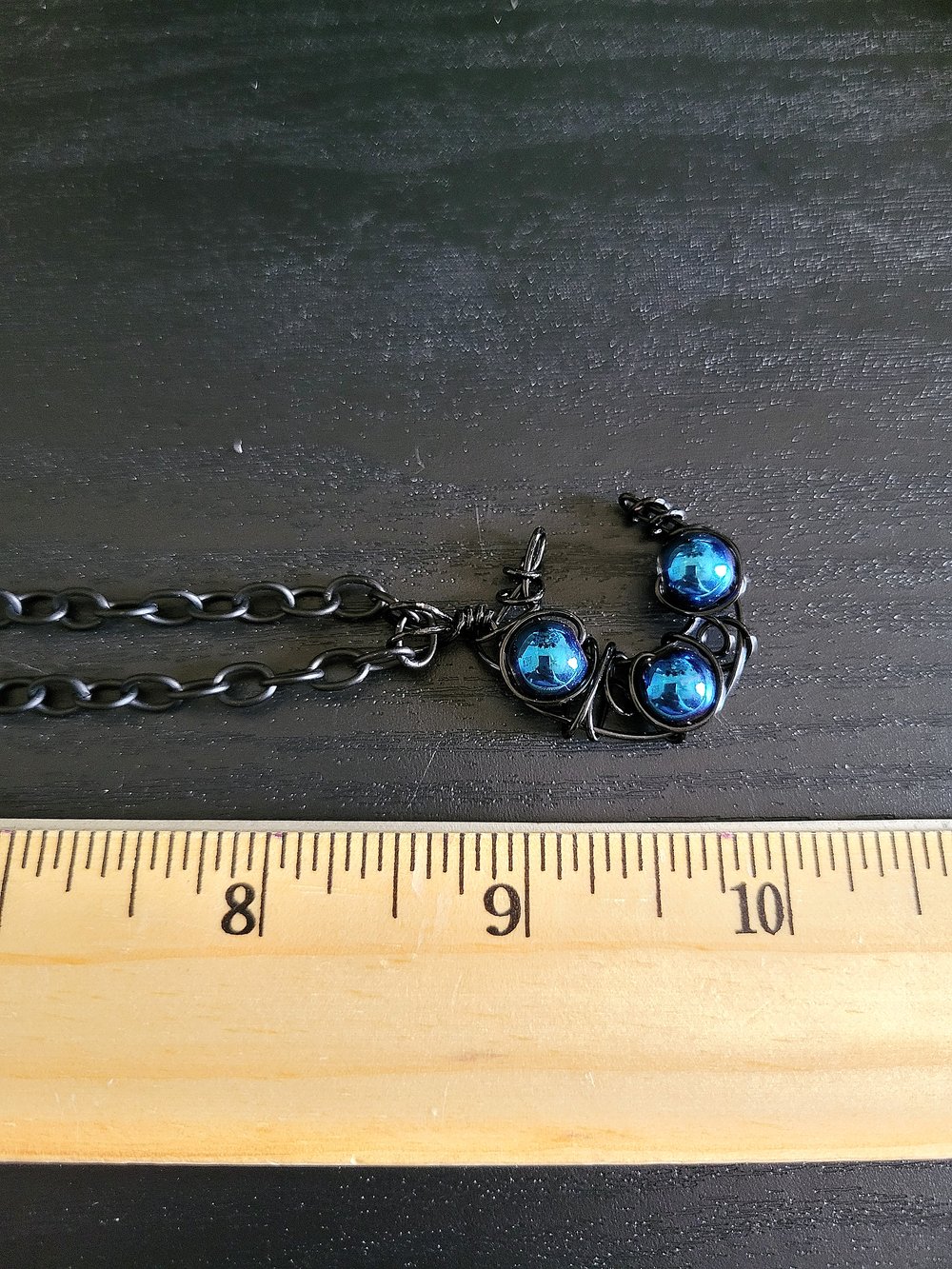 Image of Blue Beaded Black Crescent Moon Wire Pendant with Chain
