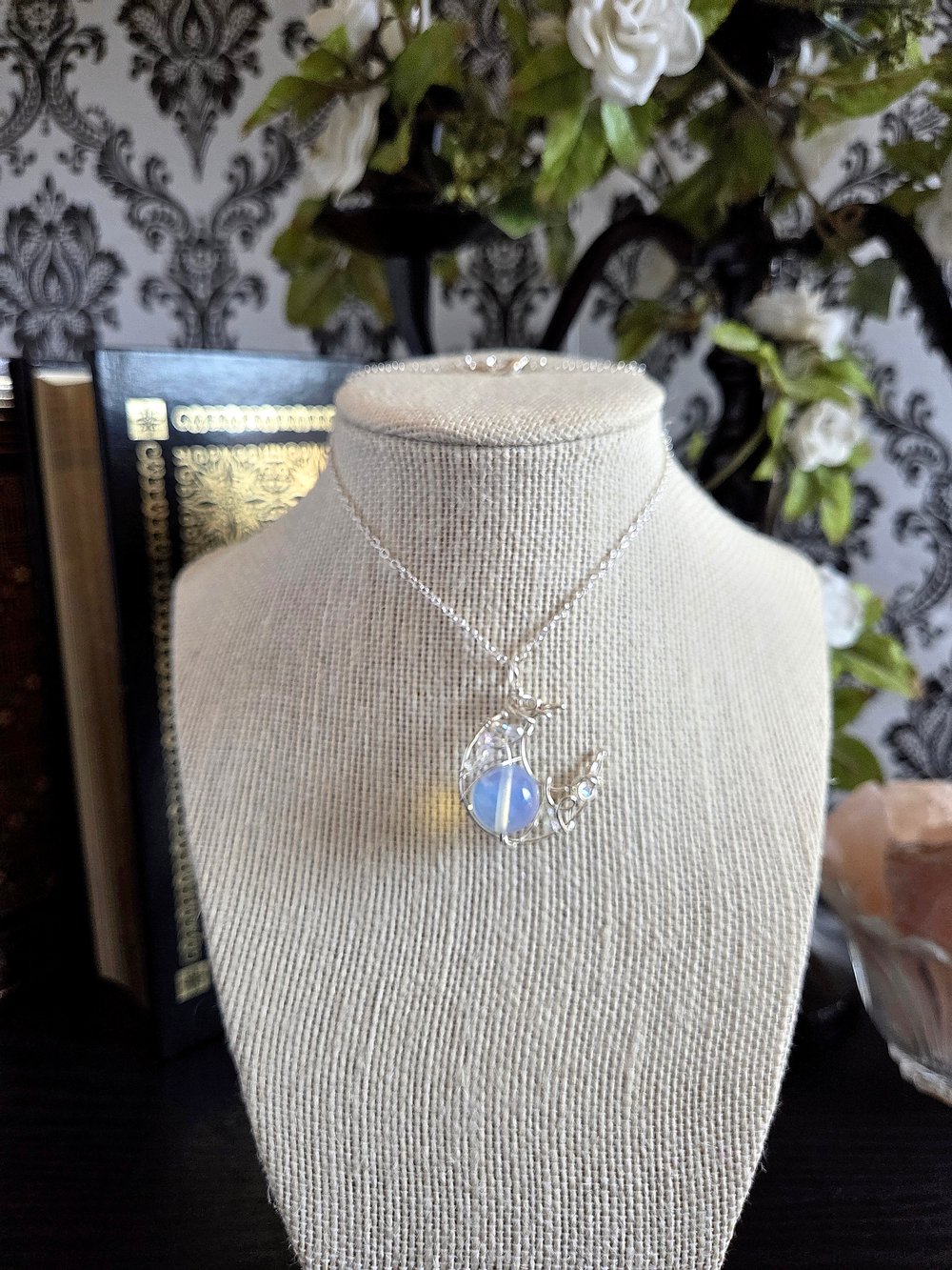 Image of Silver Crescent Moon Pendant with Opaque White Bead