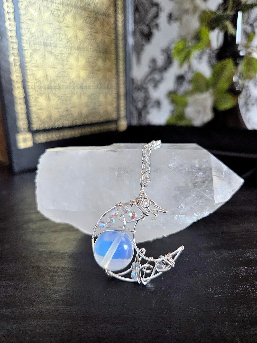 Image of Silver Crescent Moon Pendant with Opaque White Bead