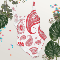 Image 3 of White and red paisley print swimsuit 