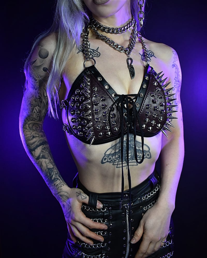 Image of PLUM LEATHER CHAIN BRA