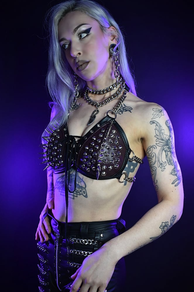 Image of PLUM LEATHER CHAIN BRA