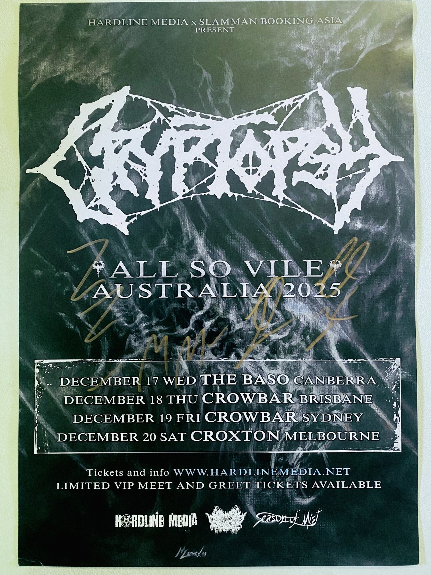 Image of CRYPTOPSY - Australian Tour Poster A3 AUTOGRAPHED
