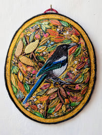 Image 1 of Autumn Magpie miniature embroidery hanging