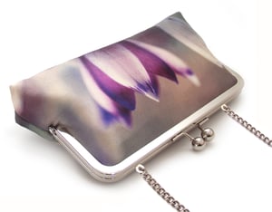 Image of Crocus blossom, printed silk pink clutch bag with optional chain handle