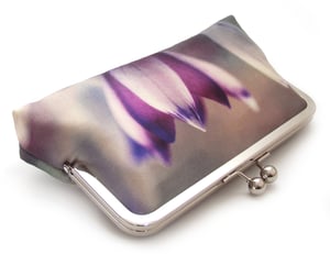 Image of Crocus blossom, printed silk pink clutch bag with optional chain handle