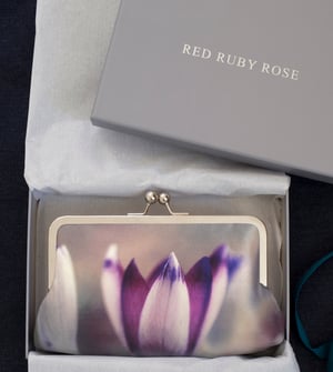 Image of Crocus blossom, printed silk pink clutch bag with optional chain handle