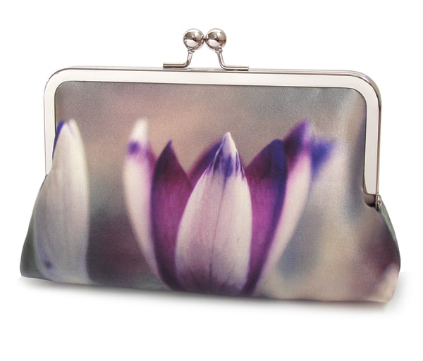 Image of Crocus blossom, printed silk pink clutch bag with optional chain handle