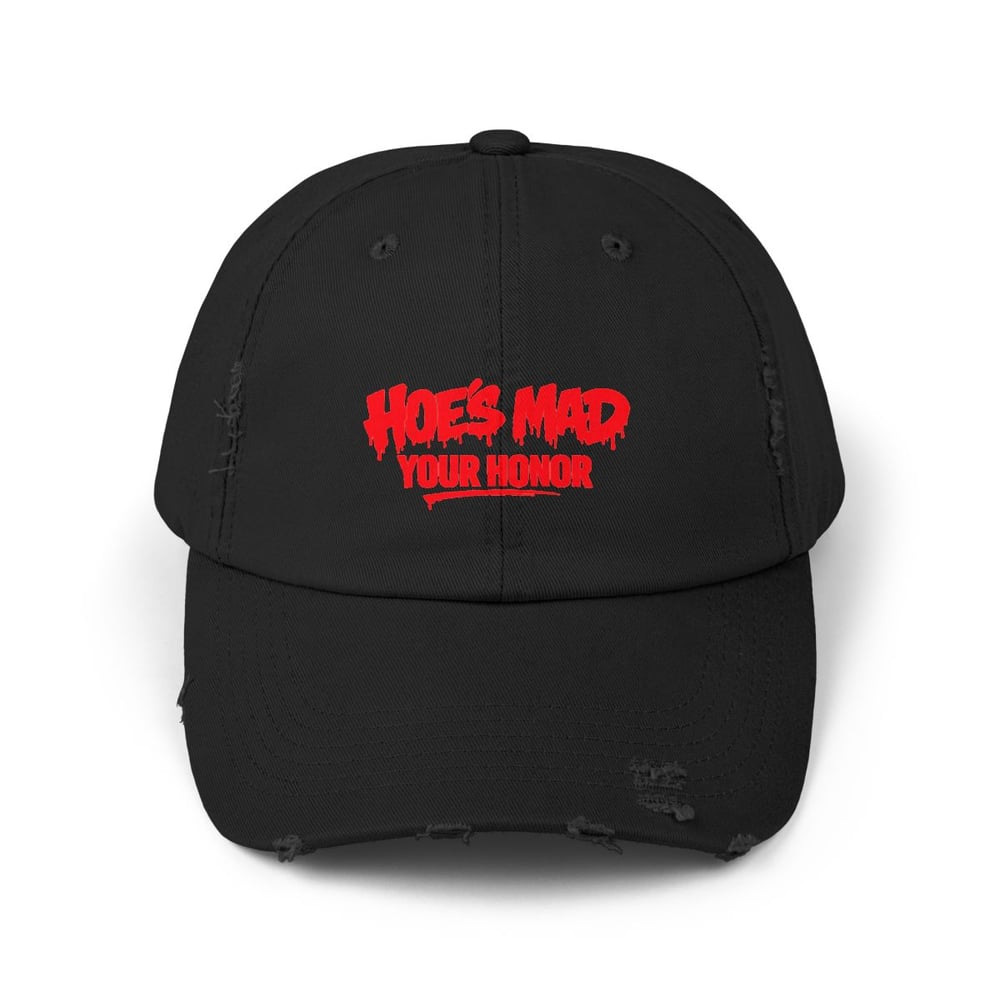 Image of unisex Distressed Cap — "Hoes Mad Your Honor" Red Graphic Hat