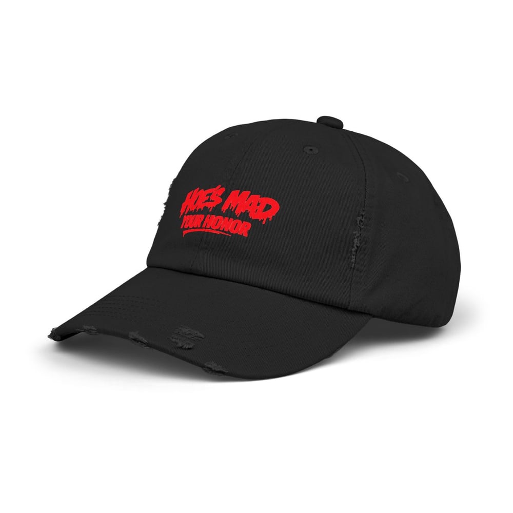 Image of unisex Distressed Cap — "Hoes Mad Your Honor" Red Graphic Hat