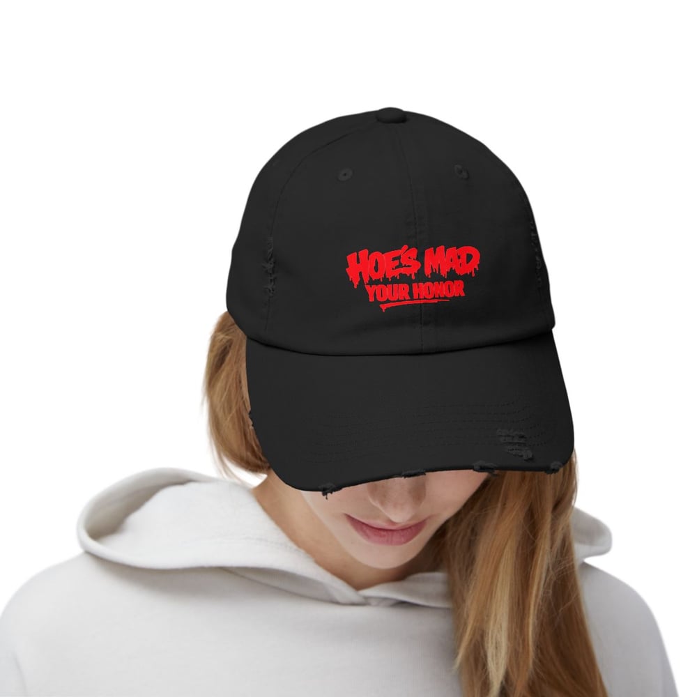 Image of unisex Distressed Cap — "Hoes Mad Your Honor" Red Graphic Hat