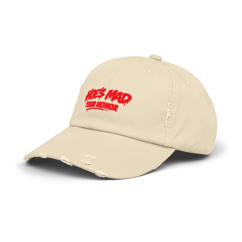 Image of unisex Distressed Cap — "Hoes Mad Your Honor" Red Graphic Hat