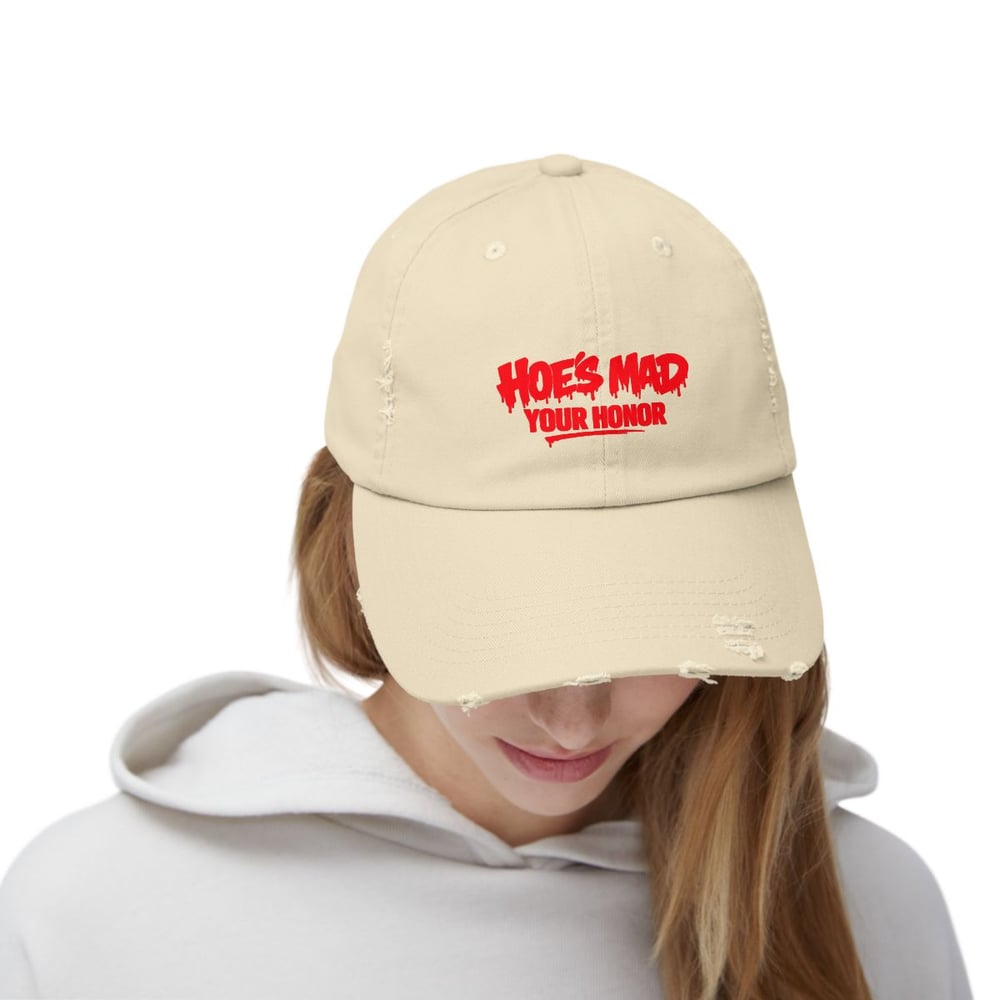 Image of unisex Distressed Cap — "Hoes Mad Your Honor" Red Graphic Hat
