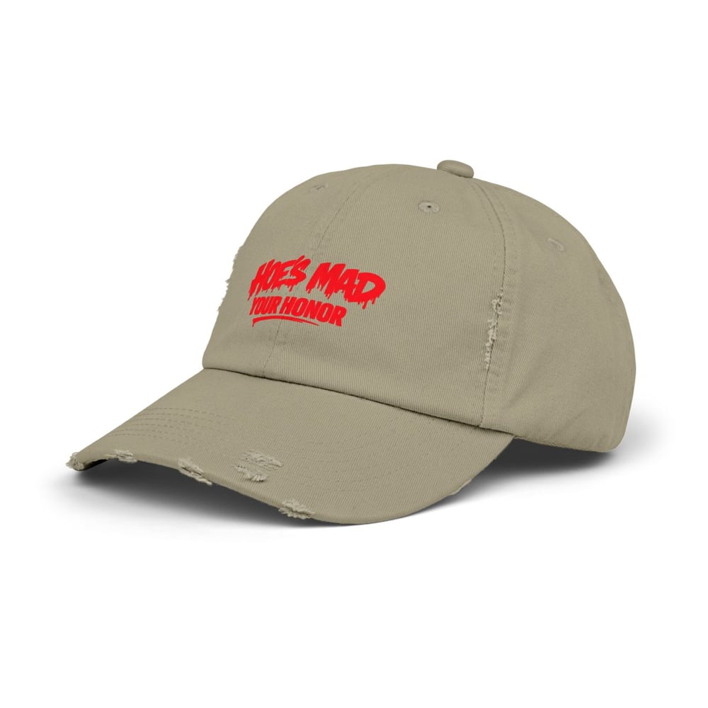 Image of unisex Distressed Cap — "Hoes Mad Your Honor" Red Graphic Hat