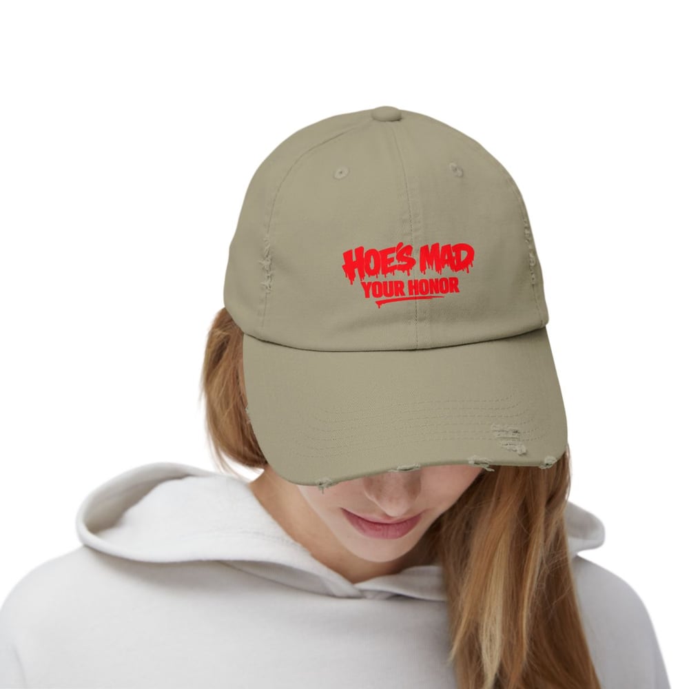 Image of unisex Distressed Cap — "Hoes Mad Your Honor" Red Graphic Hat