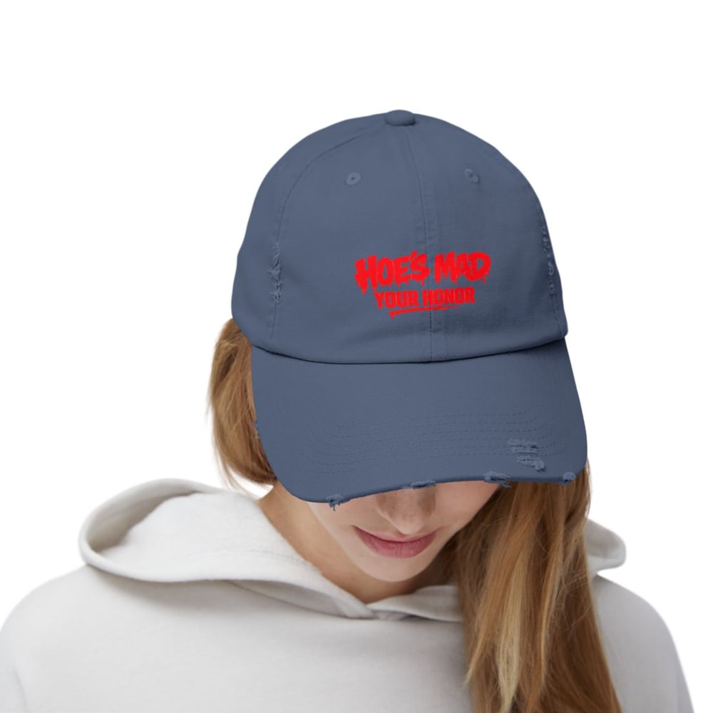 Image of unisex Distressed Cap — "Hoes Mad Your Honor" Red Graphic Hat