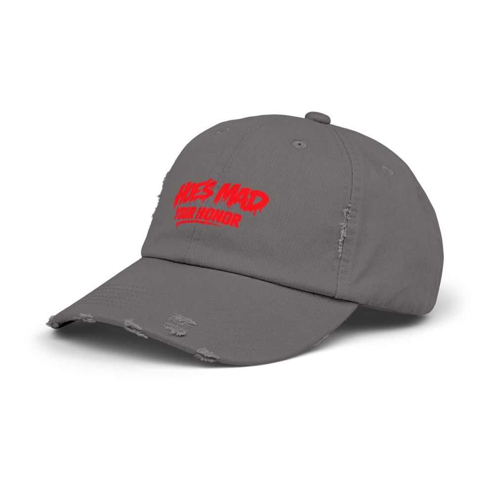 Image of unisex Distressed Cap — "Hoes Mad Your Honor" Red Graphic Hat