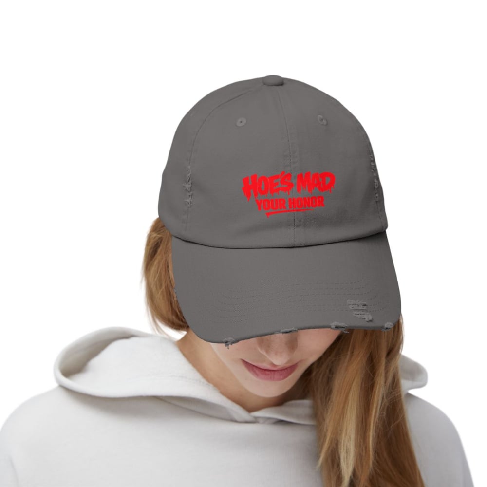 Image of unisex Distressed Cap — "Hoes Mad Your Honor" Red Graphic Hat