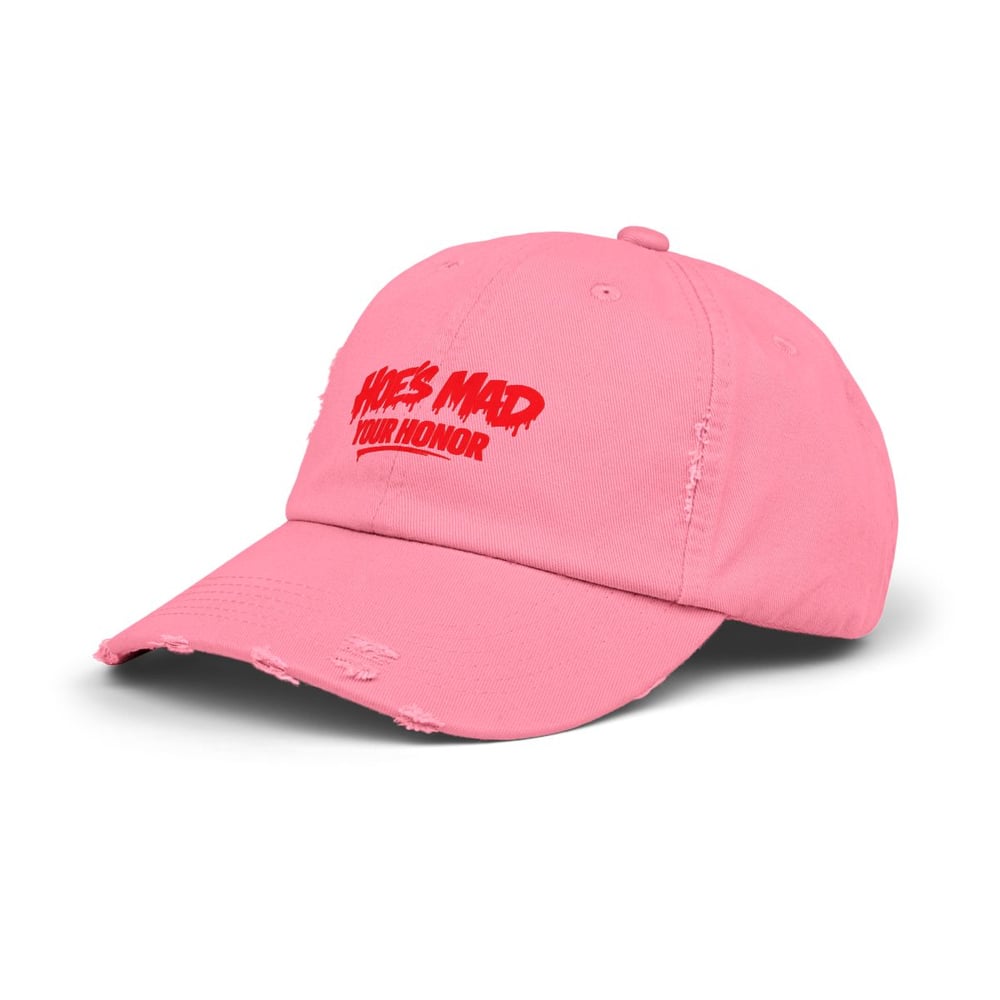 Image of unisex Distressed Cap — "Hoes Mad Your Honor" Red Graphic Hat