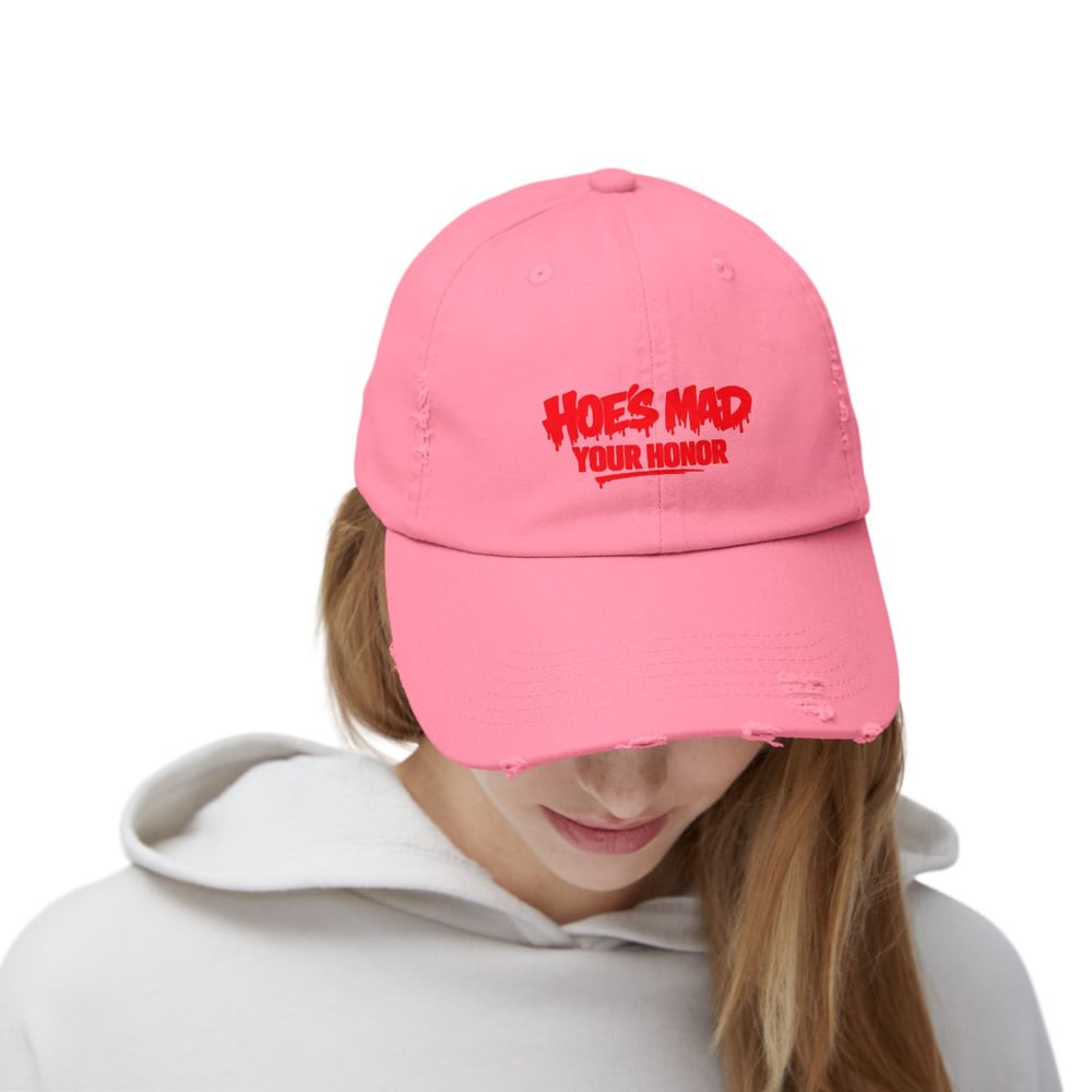 Image of unisex Distressed Cap — "Hoes Mad Your Honor" Red Graphic Hat