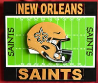 Image 1 of New Orleans Saints Hand Crafted NFL 3D Wooden Team Helmet Wall Hanging Artwork.