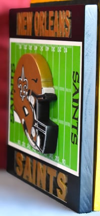 Image 2 of New Orleans Saints Hand Crafted NFL 3D Wooden Team Helmet Wall Hanging Artwork.