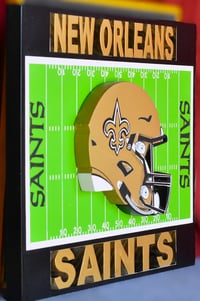 Image 3 of New Orleans Saints Hand Crafted NFL 3D Wooden Team Helmet Wall Hanging Artwork.