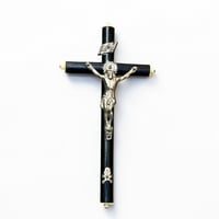 Image 1 of Crucifix ancien Napoléon III bois noirci et métal argenté Christ avec crâne Memento Mori