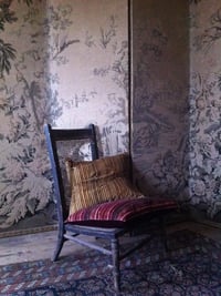 Image 5 of OCHRE/BUFF. PRINTED STRIPE VELVET OR LINEN with natural linen back or double sided print